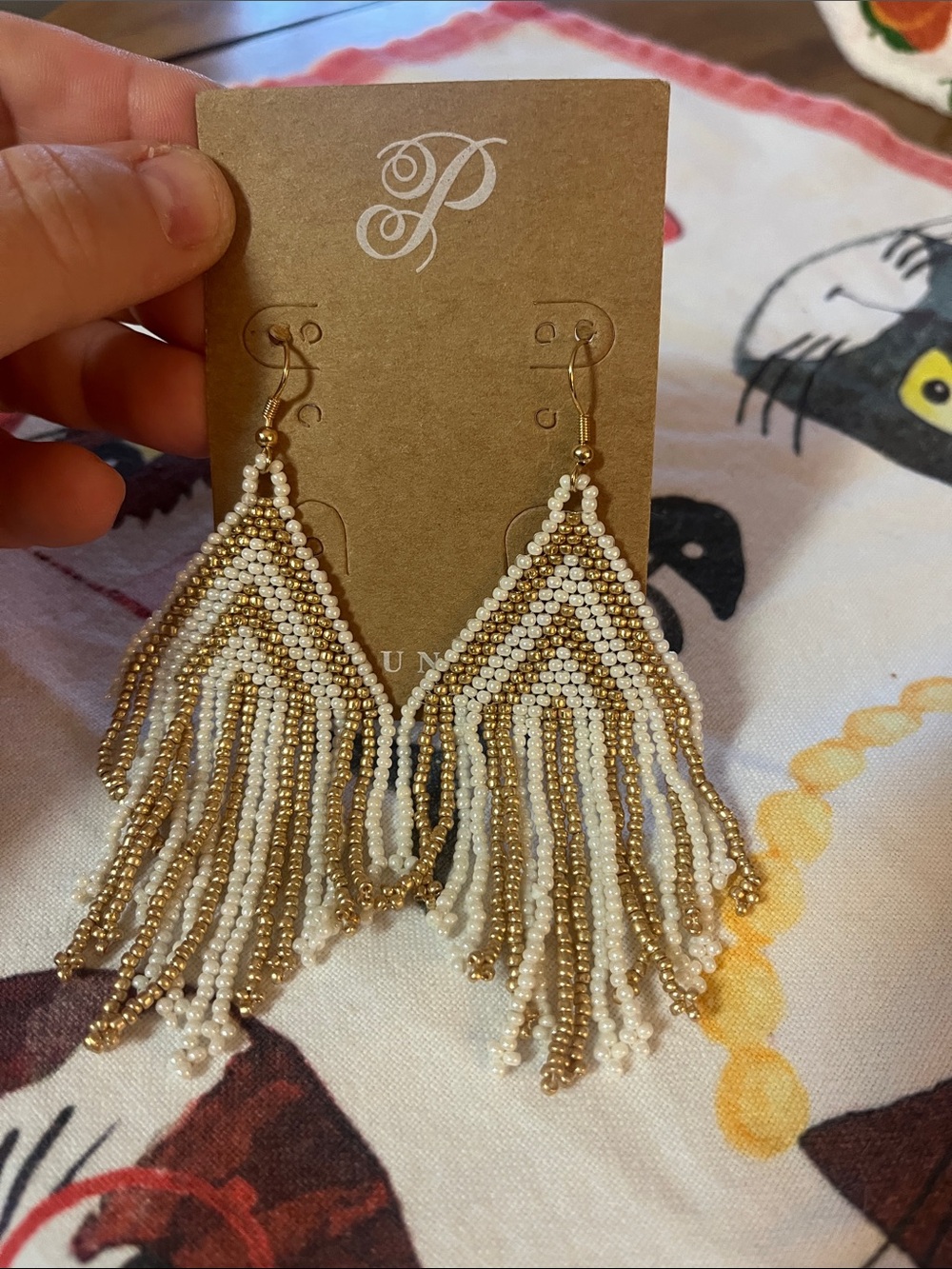 Plunder White & Gold Beaded Fringe Earrings